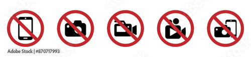 No photos and phones forbidden signs. No camera or filming vector icon designs