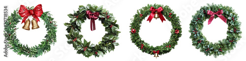 Collection of Christmas laurel wreaths with bows, bells isolated on transparent or white background