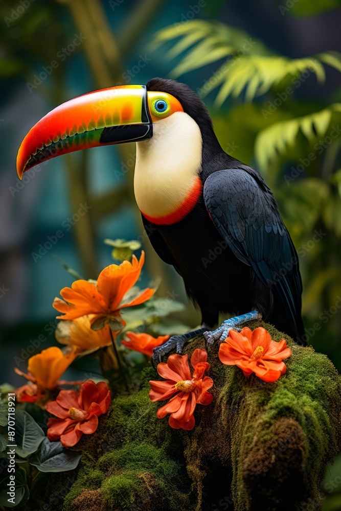 Fototapeta premium An exotic toucan perched among lush tropical foliage against vibrant jungle backdrop where soft light enhances its colorful beak as it gazes curiously towards viewers