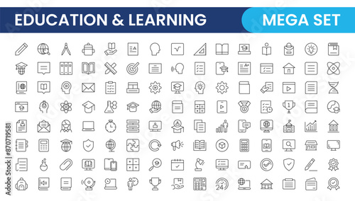 Education line icon collection. Contains knowledge, college, task list, design, training, idea, teacher, file, graduation hat, institute, ruler, and telescope. Education set of web icons in style.