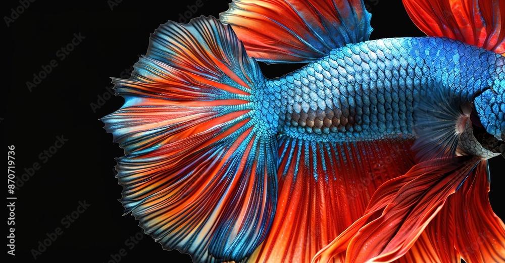 Fototapeta premium A betta fish that has a blue body and red tail with a black background