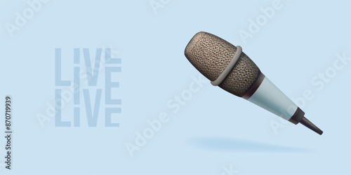 3d podcast icon. Radio live sound microphone vector illustration. Audio music mic, studio interview or voice digital recording realistic render. Studio condenser portable cardioid professional mike.