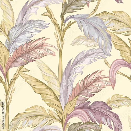 Seamless pattern of tropical leaves. Graphics in pastel colors. Palm leaves on a light background.