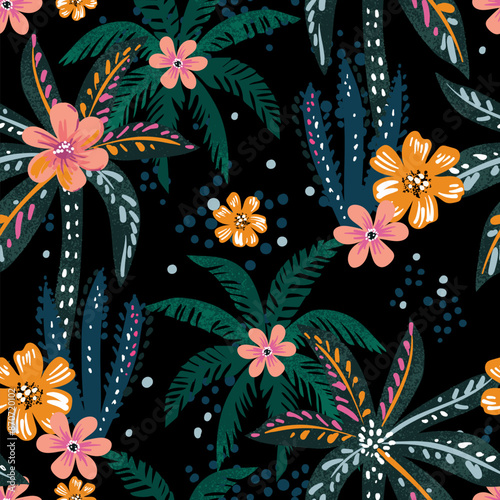 Hawaiian print. Floral seamless pattern on a black background. Decorative ethnic pattern of palm trees and flowers. 