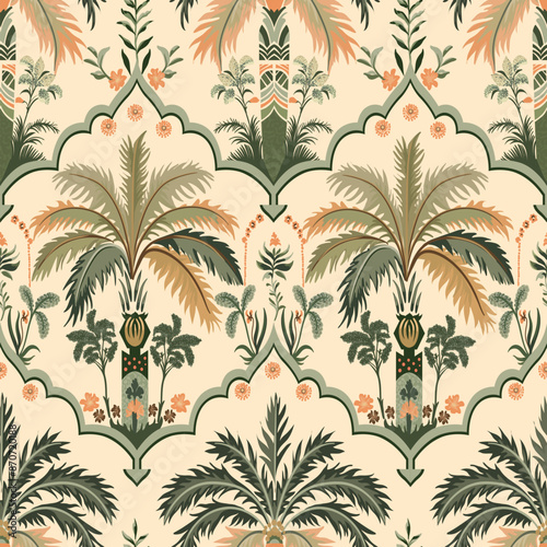 Seamless vector pattern in oriental style. Exotic plants, palm trees and flowers. 
