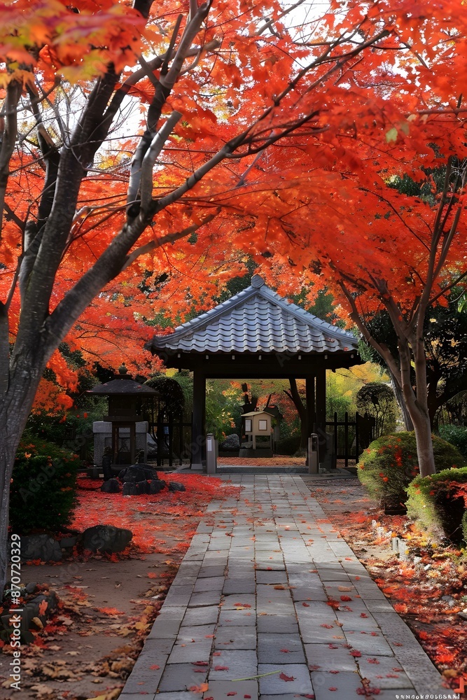 A path covered with fallen red maple leaves leads to a traditional Japanese temple gate A path covered with fallen red maple leaves leads to a traditional Japanese temple gate