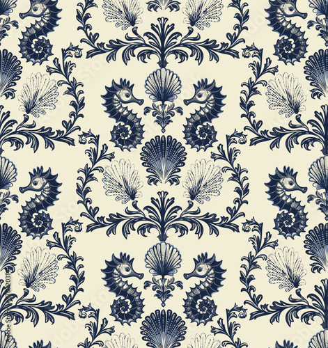 Luxurious lace vector nautical pattern in Victorian style. Print for any surfaces. 