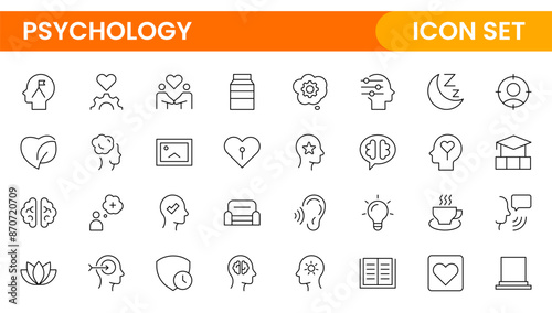 Psychology and mental line icons collection. Big UI icon set in a flat design. Thin outline icons pack.Set of positive thinking icon.be loved, healthy lifestyle, happiness, positive mindset.