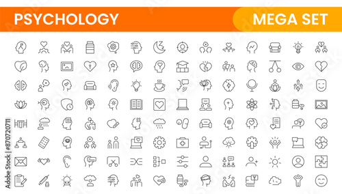 Psychology and mental line icons collection. Big UI icon set in a flat design. Thin outline icons pack.Set of positive thinking icon.be loved, healthy lifestyle, happiness, positive mindset.