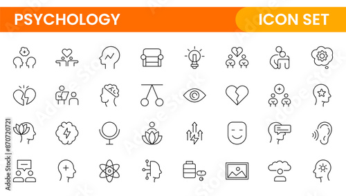 Psychology and mental line icons collection. Big UI icon set in a flat design. Thin outline icons pack.Set of positive thinking icon.be loved, healthy lifestyle, happiness, positive mindset.
