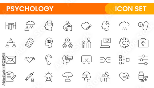 Psychology and mental line icons collection. Big UI icon set in a flat design. Thin outline icons pack.Set of positive thinking icon.be loved, healthy lifestyle, happiness, positive mindset.
