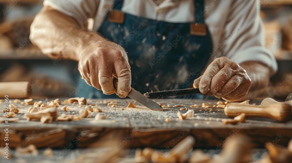 Carpenter building an intricate wooden model, with fine details and miniature tools, illustrating model making expertise Carpenter building an intricate wooden model, with fine details and miniature tools, illustrating model making expertise