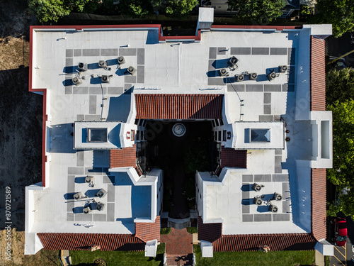HVAC systems on a flat commercial rooftop