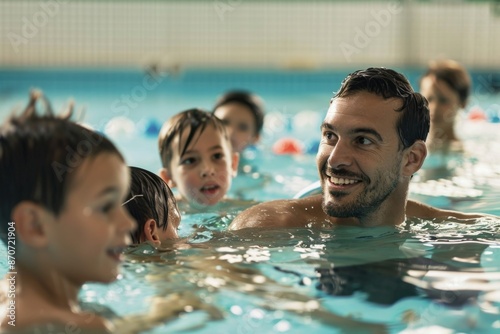 Cheerful man teaching kids how to swim in the pool