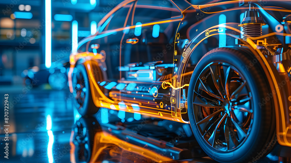 Fototapeta premium Futuristic car design with glowing digital interface in vibrant blue