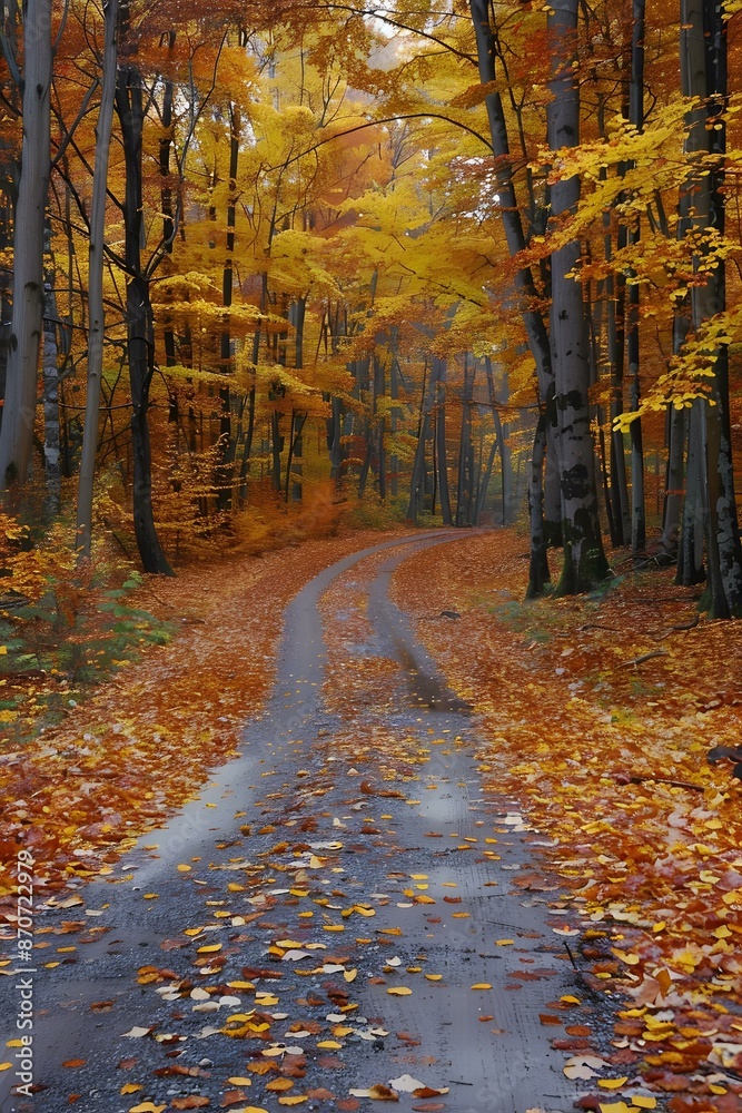 Fototapeta premium Autumn forest road covered with colorful leaves