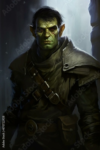 half-orc, rogue, stealthily, emerges, shadows, striking fantasy character  © Nadge