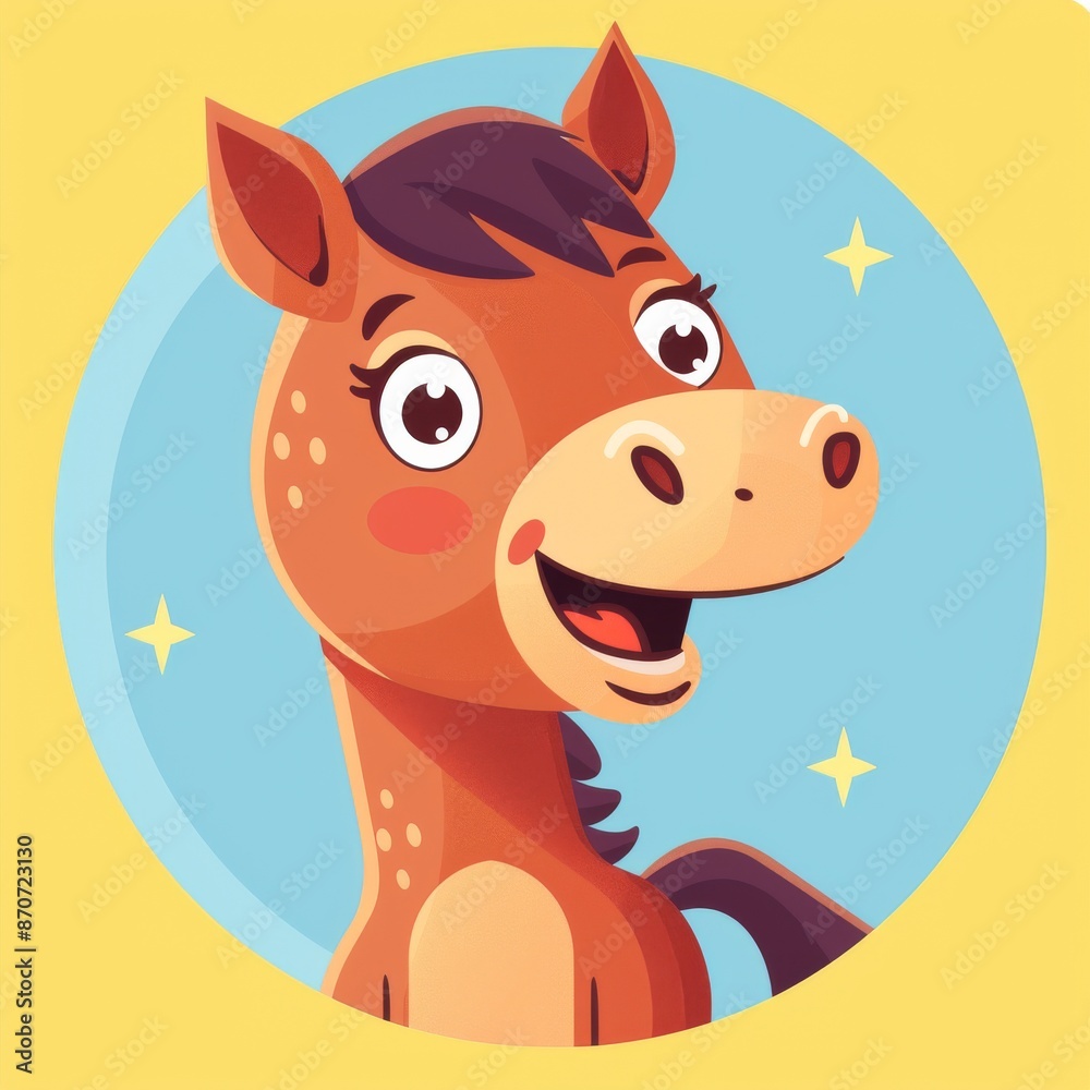 Obraz premium Cute Cartoon Horse with Sparkling Stars on Yellow Background
