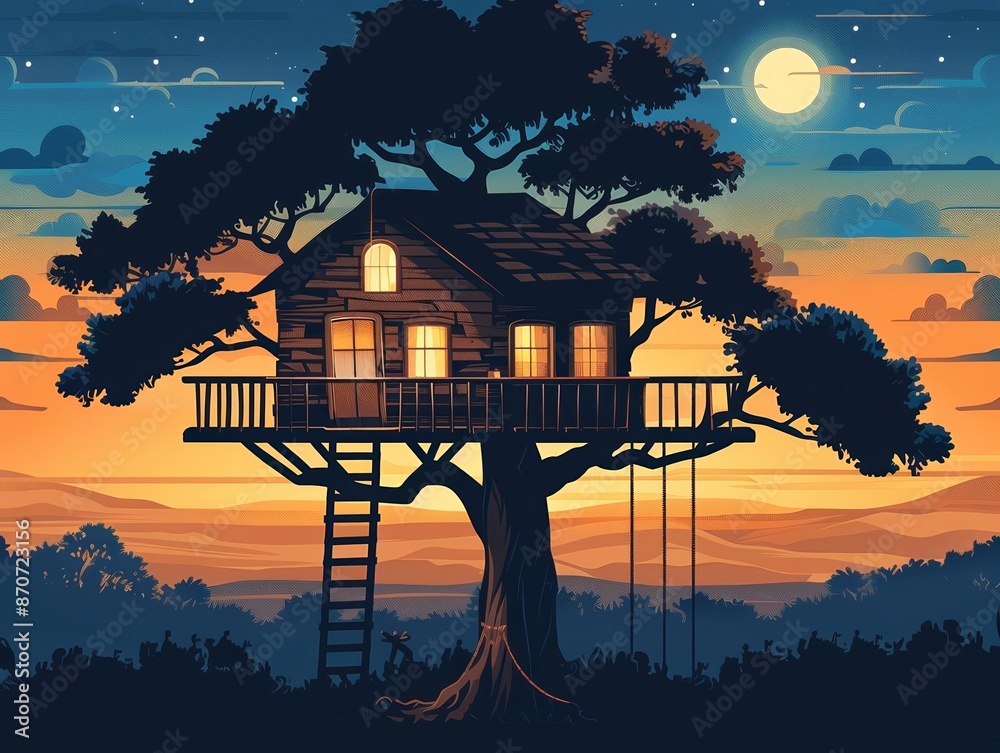 Fototapeta premium Carpenter constructing a treehouse, with ropes and ladders, showcasing creativity and outdoor fun