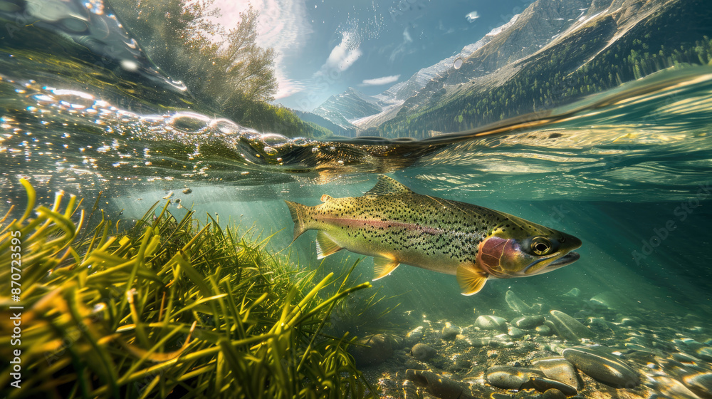 Fototapeta premium a rainbow trout swimming in the clear waters below, with mountains and forests visible above