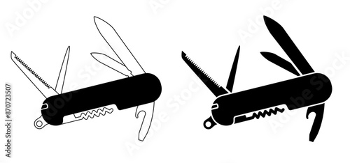Waiters knife or sommelier, jackknife. Pen knife icon. Clasp knife sign. Corkscrew or bottle screw, knifes, saw and screwdriver. Pocketknife tool. Uncork, bottle opener. Kitchen, bar en restaurant.