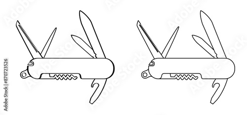 Waiters knife or sommelier, jackknife. Pen knife icon. Clasp knife sign. Corkscrew or bottle screw, knifes, saw and screwdriver. Pocketknife tool. Uncork, bottle opener. Kitchen, bar en restaurant.