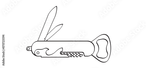 Waiters knife or sommelier, jackknife. Pen knife icon. Clasp knife sign. Corkscrew or bottle screw, knifes, saw and screwdriver. Pocketknife tool. Uncork, bottle opener. Kitchen, bar or restaurant.