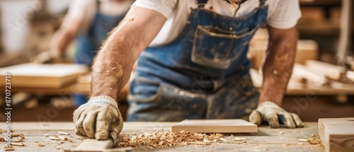 Carpenter constructing a custom bookshelf, with precision tools and clean lines, showcasing bespoke woodworking © AbsoluteAI