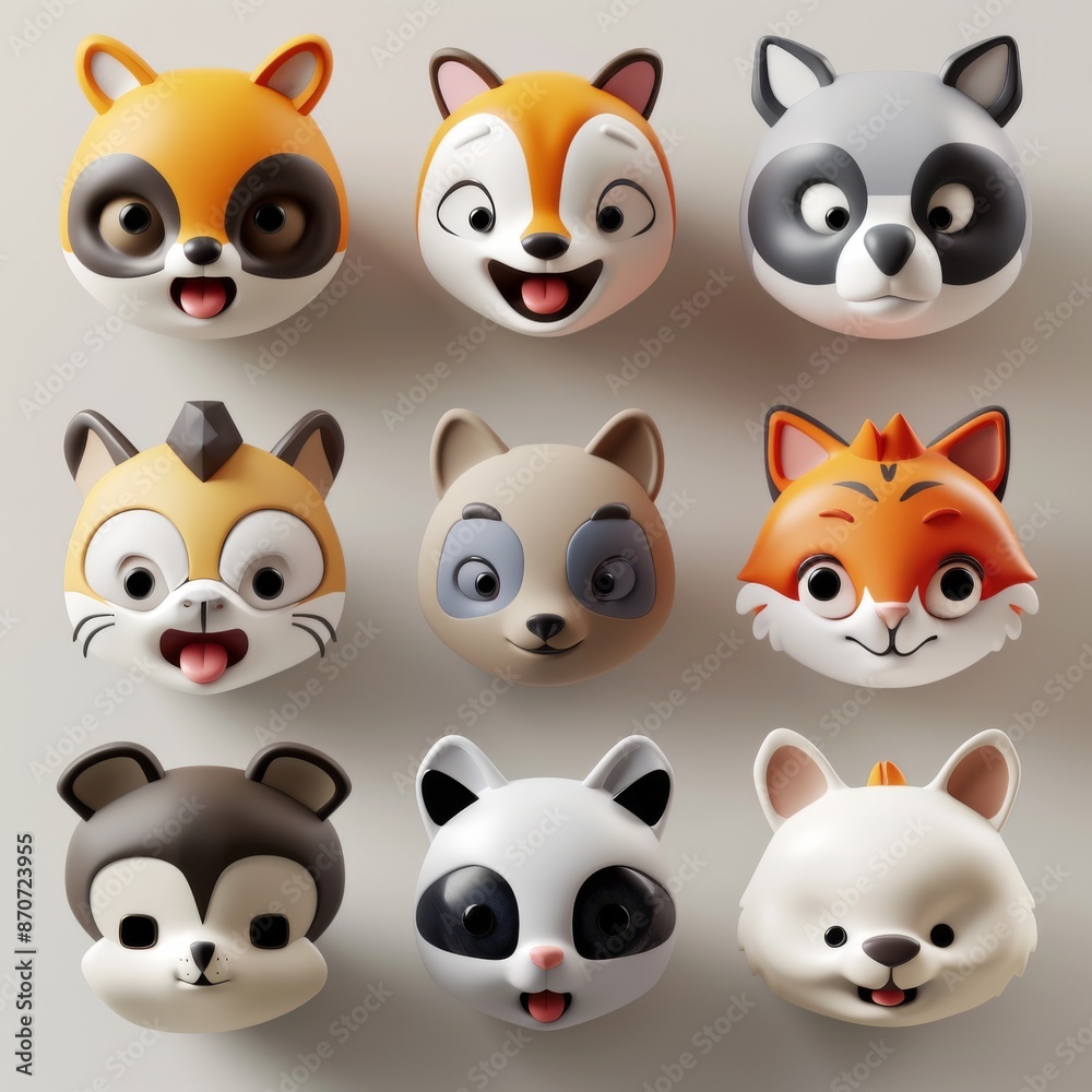 Fototapeta premium Cute 3D Animal Faces Collection Featuring Various Adorable Cartoon Expressions for Kids
