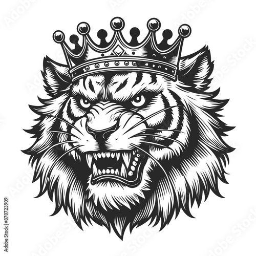 Fierce tiger with a crown, tattoo line art illustration.