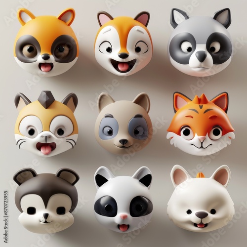 Cute 3D Animal Faces Collection Featuring Various Adorable Cartoon Expressions for Kids