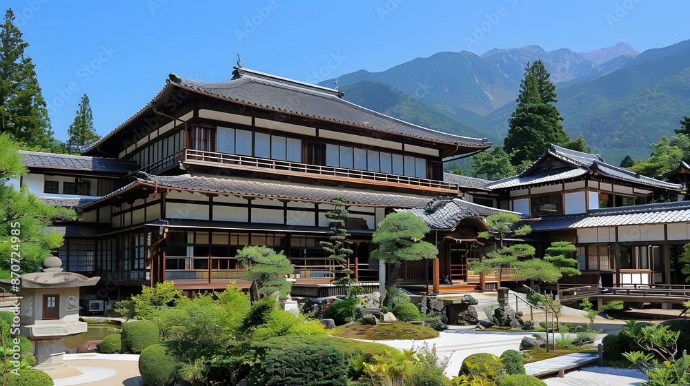 A traditional Japanese house with a beautiful garden and mountains in the background A traditional Japanese house with a beautiful garden and mountains in the background