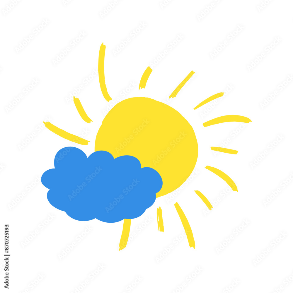 Sun with blue cloud. Yellow sunny icon. Vector hand draw illustration Sun with blue cloud. Yellow sunny icon. Vector hand draw illustration