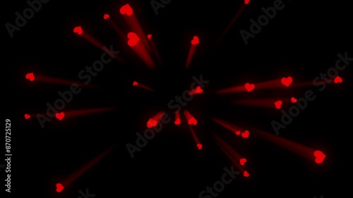 Animation of heart explosion. Bursts shiny hearts flying on a black background. Big hearts exploding into a lot of smaller hearts. Template for Valentine's Day or other celebration. 4K, Alpha channel.