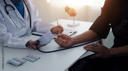 Doctor using sphygmomanometer with stethoscope checking blood pressure to a patient in the hospital. photo