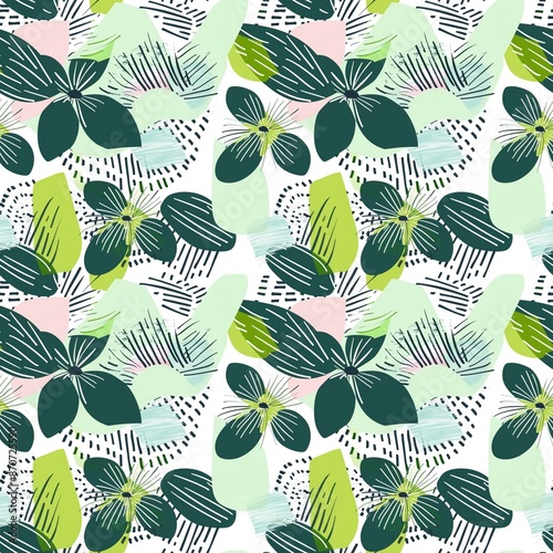 Seamless pattern with abstract cute green flowers, shapes and lines, multicolored strokes on a light background