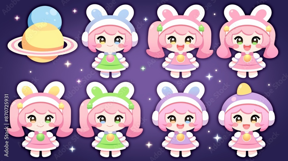 Cute Anime Characters with Pink Hair in Different Outfits on Space-Themed Background Cute Anime Characters with Pink Hair in Different Outfits on Space-Themed Background