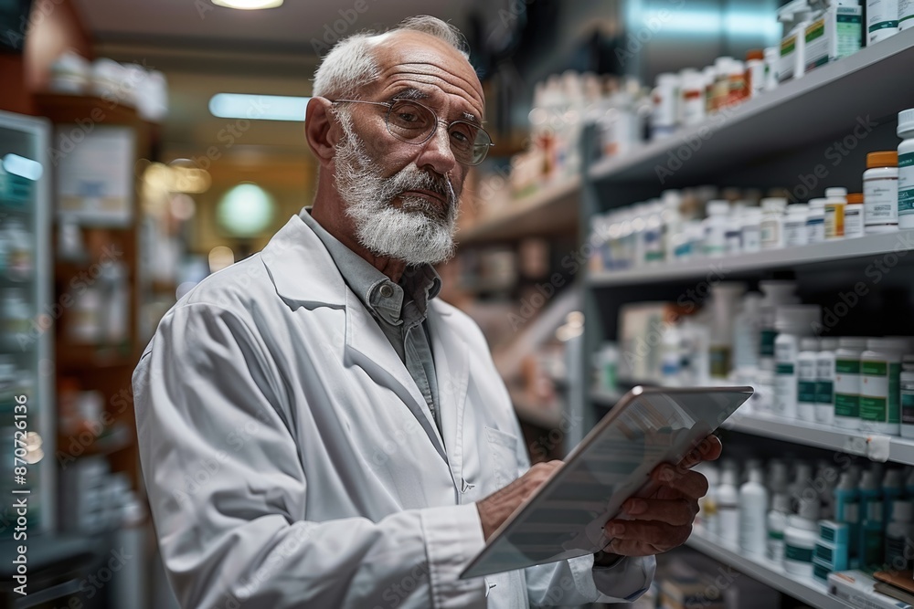 A hardworking senior male pharmacist using a digital tablet while working looking at the camera. A hardworking senior male pharmacist using a digital tablet while working looking at the camera.
