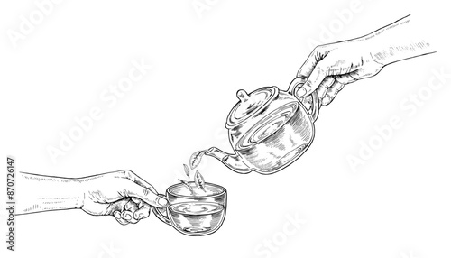 A man is pouring Tea from a teapot into a cup. Hand drawn Vector illustration. A person holding a glass pot sketch drawing. Black and white art. Editable composition. For greeting and invitation cards