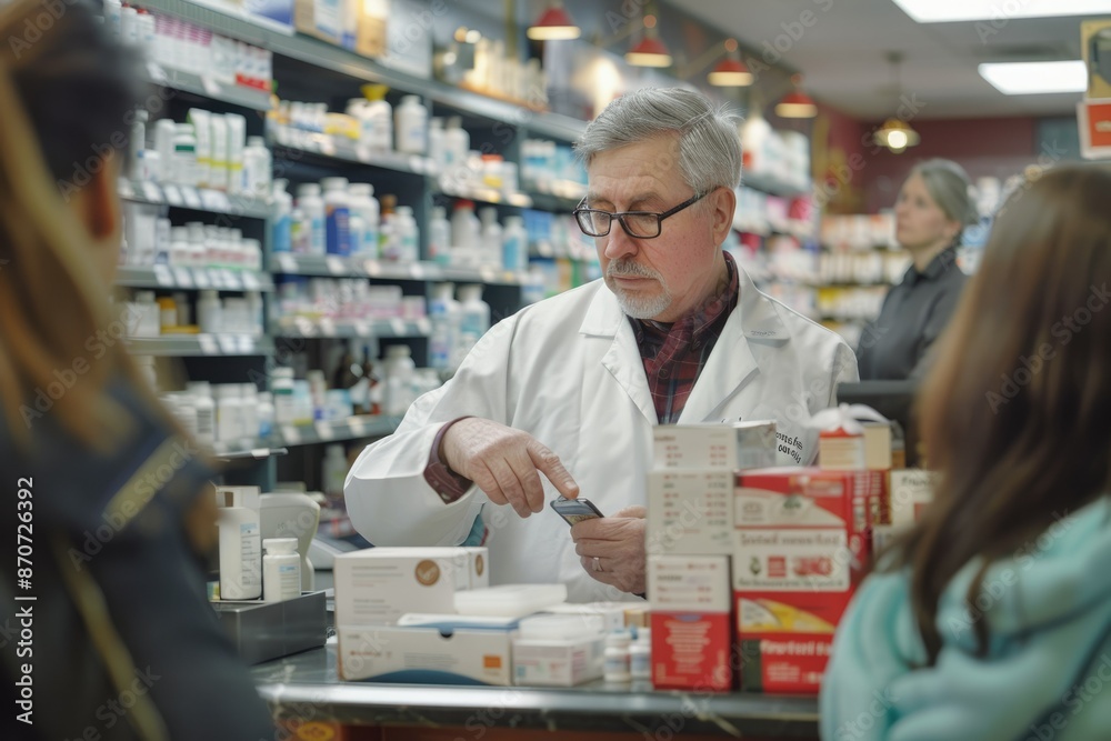 Busy pharmacy with senior pharmacist attending pregnant customer. Busy pharmacy with senior pharmacist attending pregnant customer.