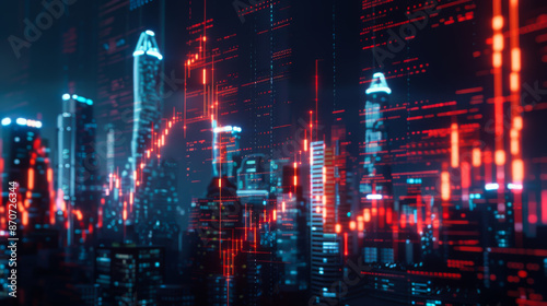 Cityscape with many buildings illuminated in red and blue. The city appears to be in the midst of a financial crisis, as evidenced by the red lights. Abstract background, copy space.
