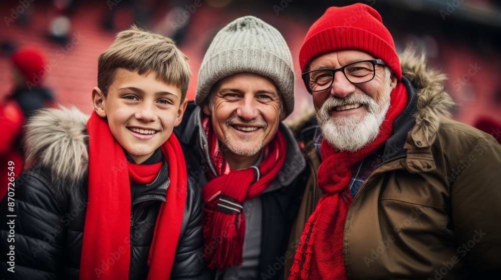 Three generations joyful at sports game in stadium boy, dad, and grandpa celebrate together Three generations joyful at sports game in stadium boy, dad, and grandpa celebrate together