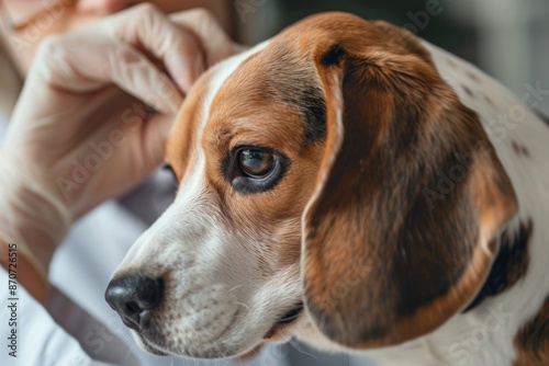 Veterinarian examining beagle dog's ear. Examination and treatment of pets in a veterinary clinic