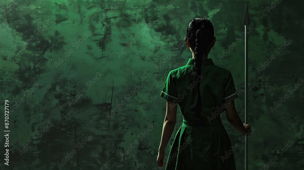 Obraz premium A mysterious woman in a green dress stands before a dark forest wall, clutching a pole. The scene resembles a setting from an actionadventure game, with hints of a lush jungle at midnight
