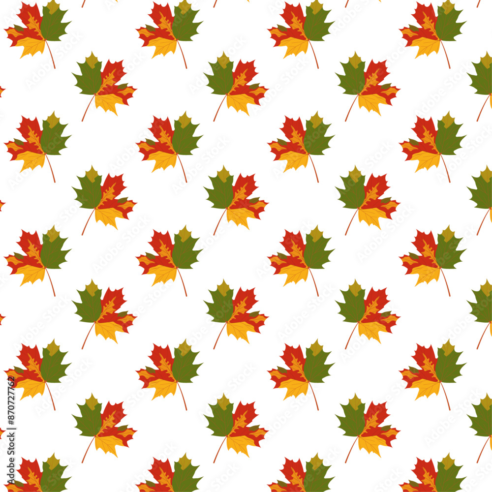 Seamless pattern for gift bag. Autumn yellow maple leaves with red and green spots white background. Leaf fall. Print for packaging and wrapping paper. Thanksgiving and Harvest Festival. September 1. Seamless pattern for gift bag. Autumn yellow maple leaves with red and green spots white background. Leaf fall. Print for packaging and wrapping paper. Thanksgiving and Harvest Festival. September 1.