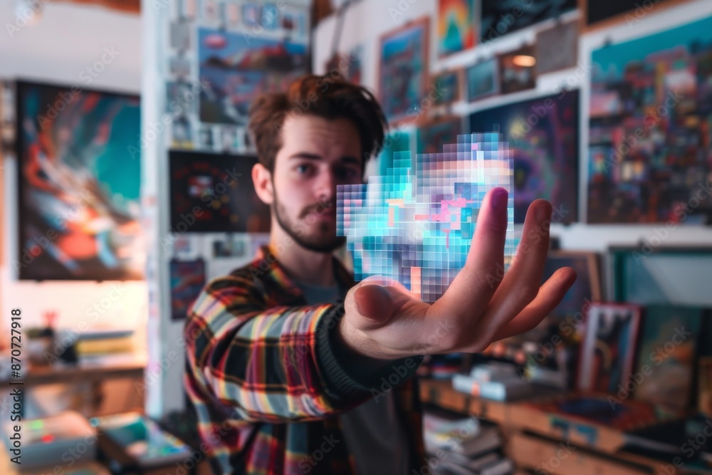 Young digital artist holding hologram in his hand with his home art studio on background Young digital artist holding hologram in his hand with his home art studio on background