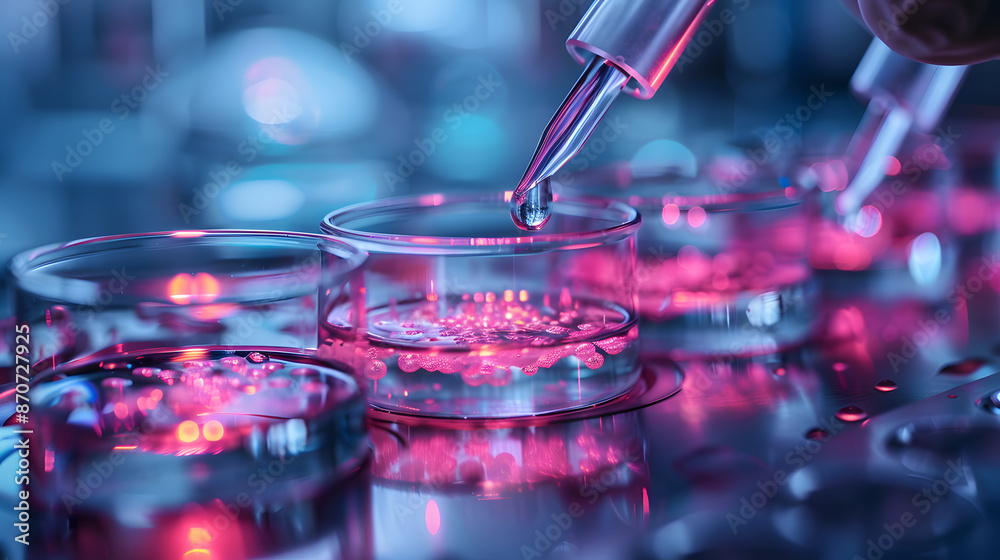 Vibrant lab scene with pipette adding liquid to petri dishes, glowing pink Vibrant lab scene with pipette adding liquid to petri dishes, glowing pink