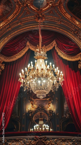 Luxurious chandelier in an ornate theater with red curtains, opulent interior design. Elegance and sophistication concept © iVGraphic
