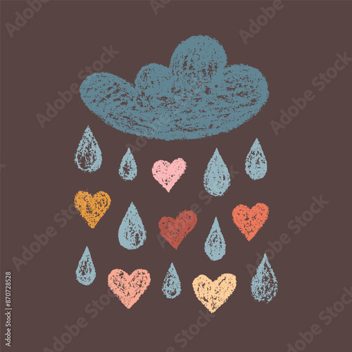 Kid Cute Design Hand-drawn Colorful Cloud with Rain of Drops and Hearts Isolated on Brown Backdrop. Vintage Grunge Style of Children's Drawing.