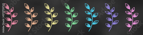 Realistic Chalk Drawn Sketch. Set of Design Elements Branches of Rainbow Colors Isolated on Black  Blackboard.